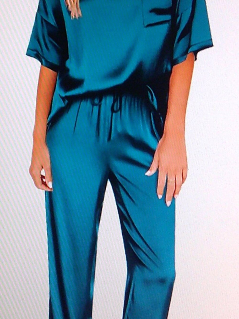 Ekouaer Women's Satin Silky Pajama Set n Teal Wide Leg Pants/T-Shirt Style Sz 2X